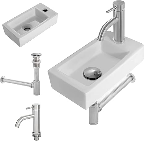 Amazon Rxakudedo 手洗い器 壁付け型 陶器製 小さなトイレに適し洗面器 蛇口 水栓 排水金具付き 和風 洋風 壁掛け おしゃれ シンプル 洗面台 キッチン用水栓 混合水栓 右 洗面水栓