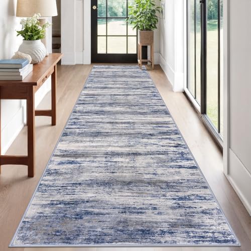 KOZYFLY Modern Abstract Washable Rug Runner 2.6x12 Hallway Rug Runner Non-Slip Soft Kitchen Runner Rugs, Distressed Grey-Blue Striped Carpet for Entryway Bathroom Laundry Room Foyer