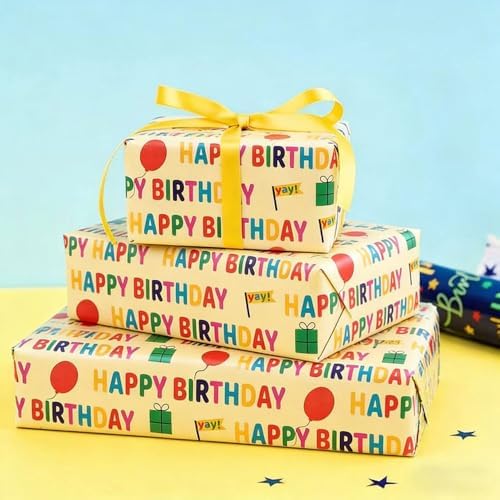 Birthday Wrapping Paper, Kraft Wrapping Paper Roll,ColorfulText "Happy Birthday" Balloon and Vintage gift wrapping paper for Baby,Boy,Girl,Kids,Man,Women (17 inch X 393.7 inch) - 4