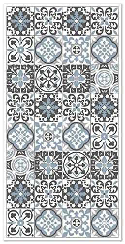 Panorama Tapis Vinyle - Modèle Carreaux Ciments Triana Gris et Bleu 60x110 cm - Différentes Tailles - Deco Maison, Cuisine, Chambre et Exterieur