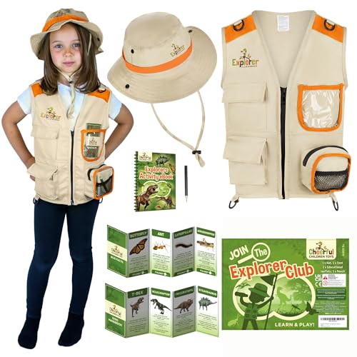 Cheerful Children Toys Kit de disfraz de explorador para niños, chaleco y sombrero de safari, aventuras al aire libre y juegos de rol. Para niños de 3 a 7 años, naranja