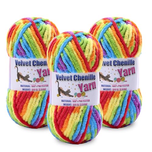 Image of 3 * 100g /3.5oz Fluffy Chenille Yarn for Crocheting, Chunky Velvet Yarn for Crochet Amigurumi, Used for Making Baby Yarns Blanket, Clothes, Pattern Knitting Creations (3- Bright Rainbow)