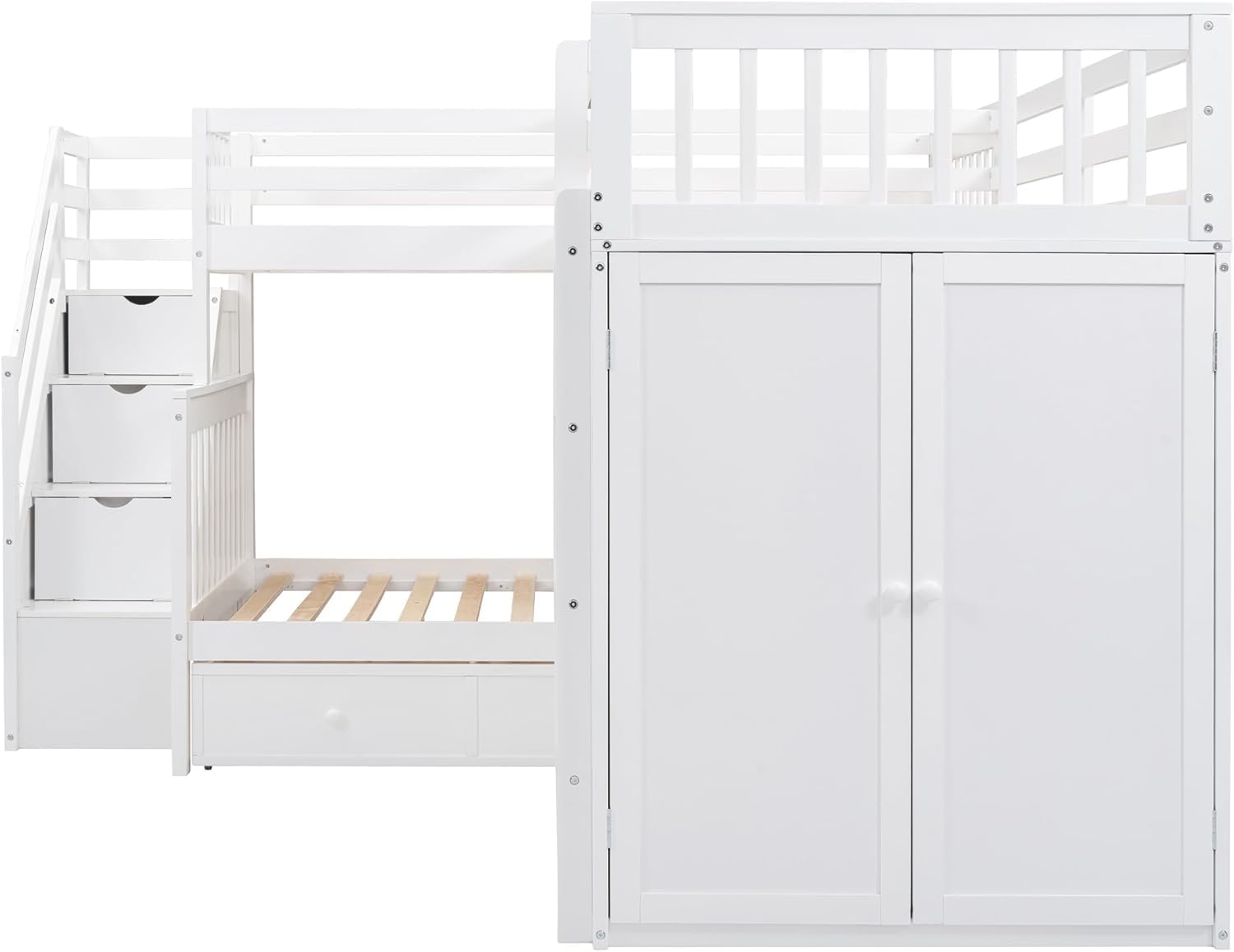 MERITLINE Twin-Twin Over Full Triple Bunk Bed with Storage Stairs,Wardrobe and Desk,Solid Wood L-Shaped 3 Bunk Bed with Ladder,Shelves,Headboard,Guardrail,No Box Spring Needed (White)