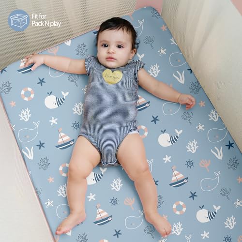 Image of Baby Mini Crib Sheets Boy, Portable 38 inchx26 inch Pack and Play Sheets Fitted for Playard and Pack N Play Mattress, 3-Pack Soft Microfiber Blue Ocean Whale
