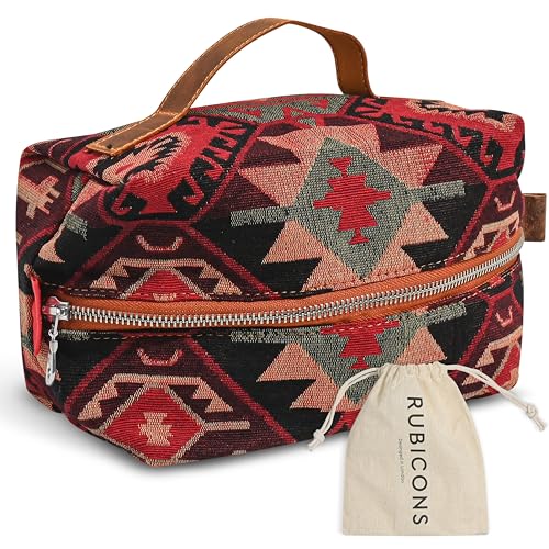RUBICONS Cosmetic Handbag Makeup Organizer Purse Travel Toiletry Zipper Pouch for Women Red Boho Cotton Case (Red Boho)