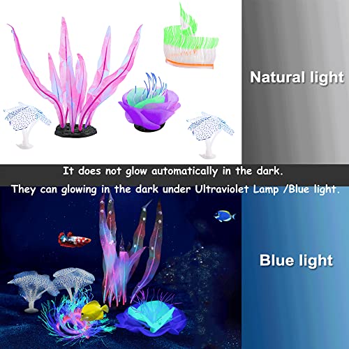 Image of Lpraer 5 Pack Glow Aquarium Decorations Kelp Big Small Anemone Lotus Coral Simulation Glow Plant Glowing Effect Silicone for Fish Tank Decorations