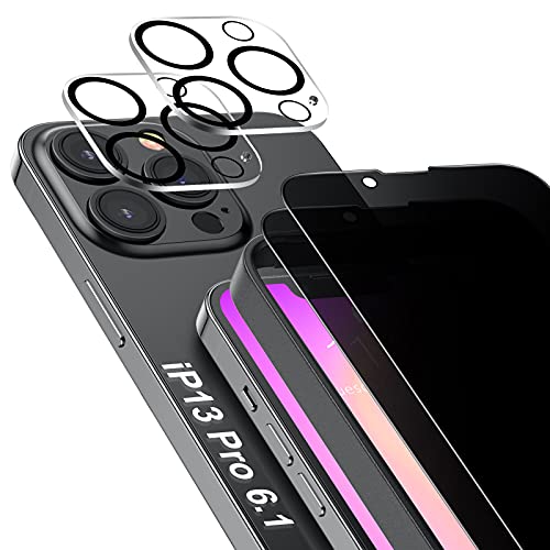 SAEYON [4 Piezas] 2 Anti-Espía Privacidad Protector de Pantalla & 2 Protector Lente de Cristal Compatible iPhone 13 Pro, 6,1 Pulgadas Protector Cámara + HD Anti-Spy Intimidad Cristal Vidrio Templado Cover