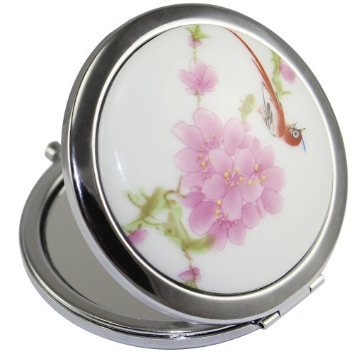 KOLIGHT New Vintage Chinese Landscape Flower Bird Double Sides (One is Normal,Another is Magnifying)Portable Foldable Pocket Metal Makeup Compact Mirror Woman Cosmetic Mirror (Flower+Red Bird)