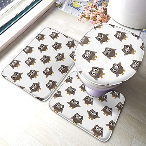 DIRYKILP Badematte + Konturmatte + Toilettendeckelbezug, süße kleine Eule 3 Stück Badematte Set, mit rutschfester Klebeunterseite