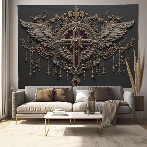 Tapiz de pared grande JRISEMECY de 230x150cm en tela negra con relieve gótico de cruz y alas