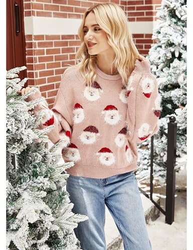 Ugly Christmas Sweater Women Funny Santa Xmas Cute Snowflake Holiday Party Knitted Pullover Tops (Pink-X-Large)2