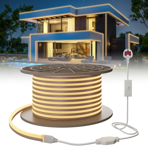 SUCIKORIO Neon LED Strip 30m/98.4ft - Waterproof IP65 Flexible Rope Light Warm White 3000K, Cuttable 220-240V with Power Supply for Bedroom, Indoor & Outdoor