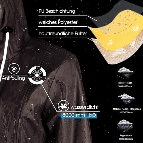 rhythm of the rain Regenjacke Damen mit Warm gefüttert Winterjacke Damen wasserdicht PU Regenmantel Friesennerz übergangsjacke mit Kapuze braun 44