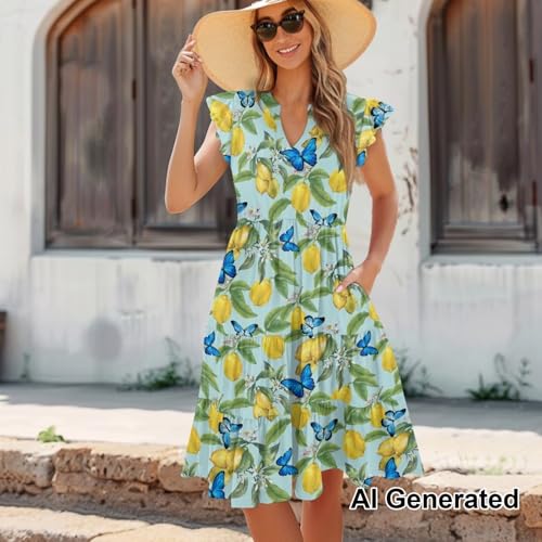 Image of Womens Summer Dress Ruffle Sleeve V Neck Dress Casual Fit Flowy Beach Vacation Sundress with Pocket S-2XL