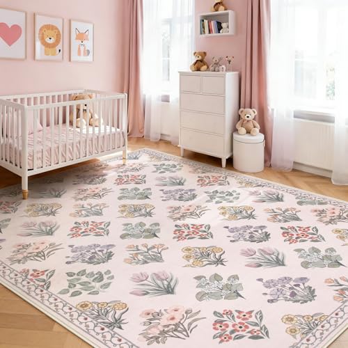 Image of Wonnitar 8x10 Washable Rug, Pink Rugs for Girls Bedroom Decor, Boho Ultra-Thin Non Slip Soft Moroccan Floral Large Carpet for Living Room Baby Nursery Kids Playroom, Pale Pink