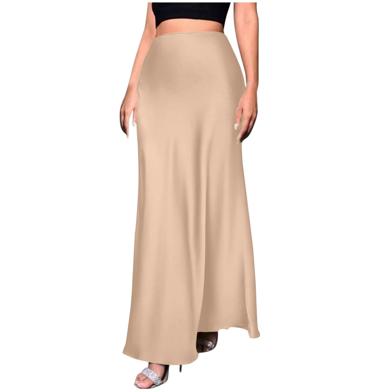 Satin Skirts for Women Holiday Business Casual Silk Maxi Skirt Flowy Elegant High Waist A-Line Cocktail Party Outfits
