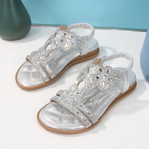 Pearl Sandals for Women Flat Rhinestone Sandals T-Strap Buckle Bohemian Pearl Beach Vacation Crystal Flat Shoes3