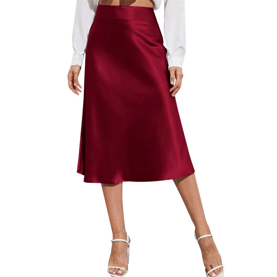 Jupes en satin de soie pour femme - Jupe taille haute - Jupe trapèze élégante d'été unie