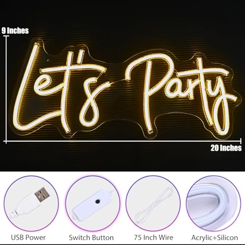 Image of Let's Party Neon Signs, Neon Light Sign for Wall Decor 20 x 9Inches Large LED Neon Sign Art Decorative Lights for Wedding Party Home Bar Store Festival, Warm White