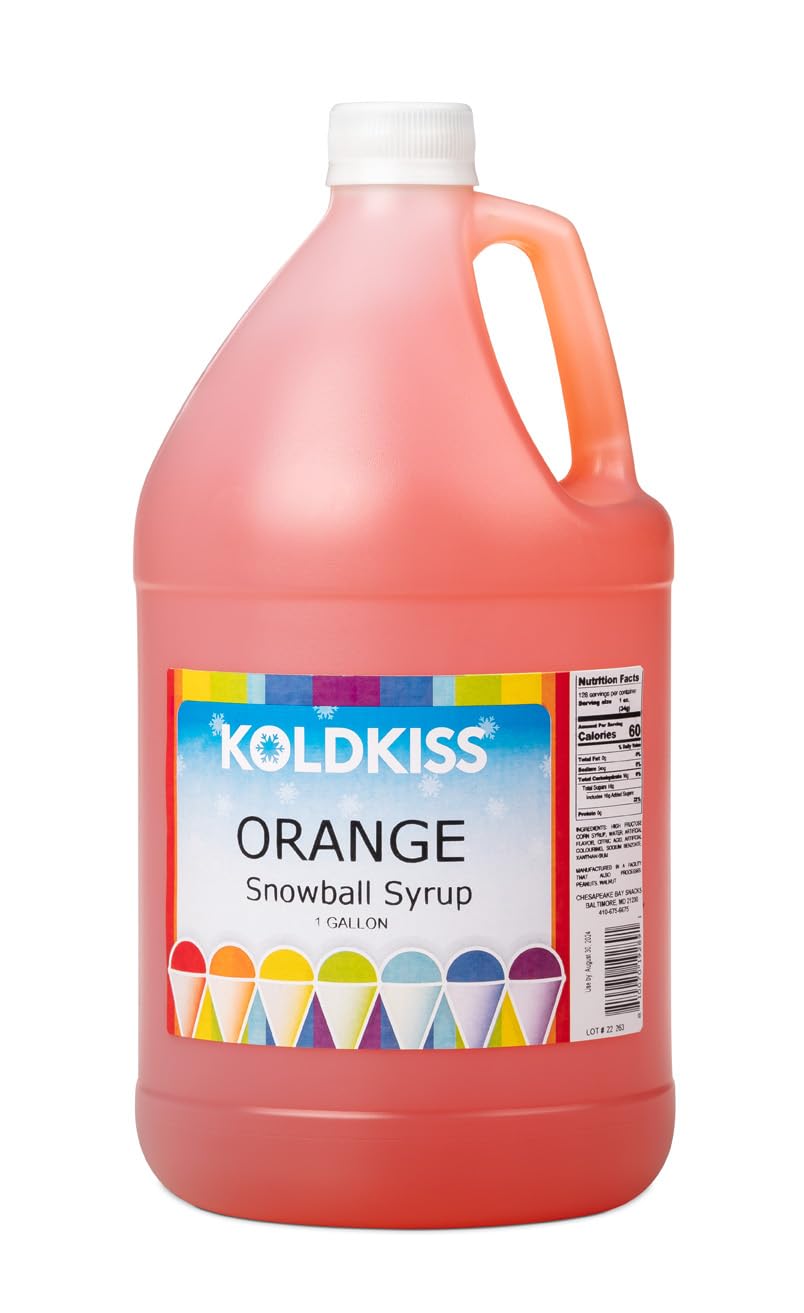 Koldkiss Shaved Ice and Snow Cone Flavored Syrups - One Gallon, 64 Snow cones Per Bottle- Orange Flavor