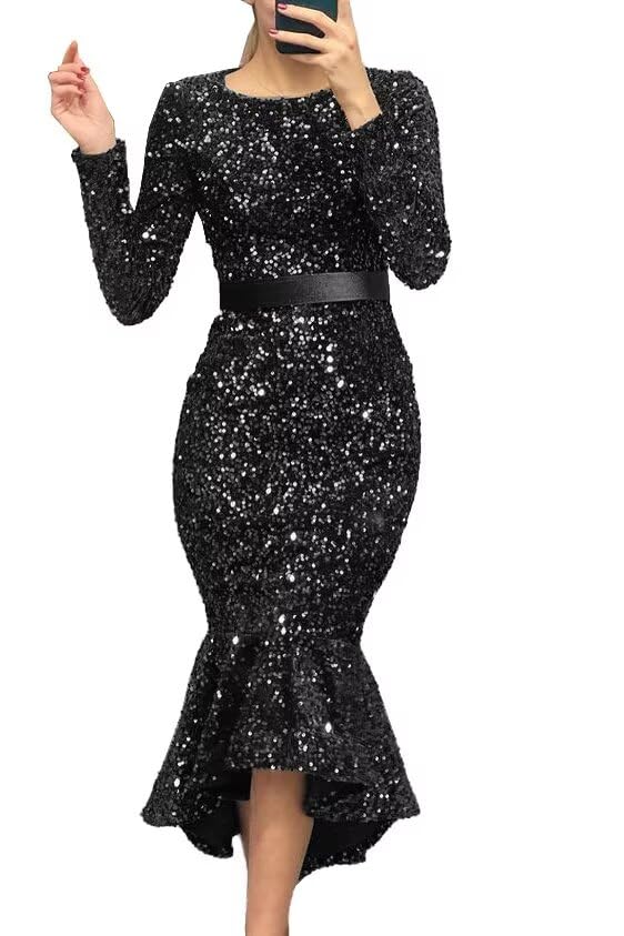 Long Sleeves Scoop Neck Mermaid Prom Dresses Sparkly Sequin Tight High Waist Formal Dresses Evening Party Gowns with Belt