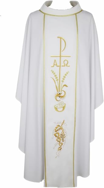 BLESSUME Chasuble for Priest Embroidered Chi-Rho Alpha Omega Wheat Fishes