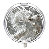 White Dragon Style Travel Pill Box Case 3 Compartment Cute Pill Organizer Metal Pill Holder with Mirror Small Medicine Organizer Daily Pill Container for Purse Pocket Portable Meds Box