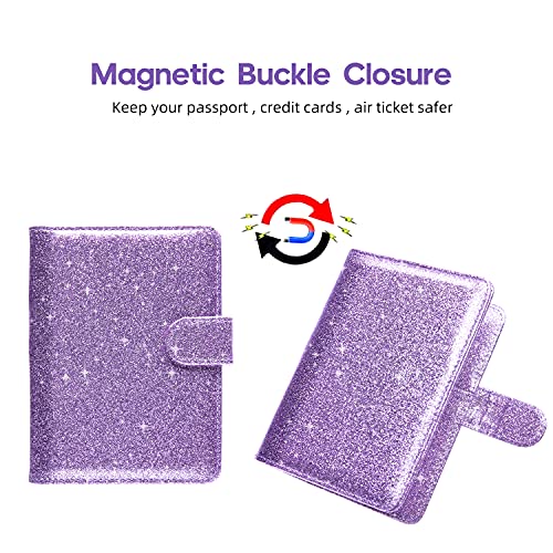 Mcmolis Passport And Vaccine Card Holder Combo,Rfid Blocking Leather Cover Case Travel Documents Organizer Protector With Cdc Vaccination Card Slot And Magnetic Buckle-Glitter Purple #TOP4