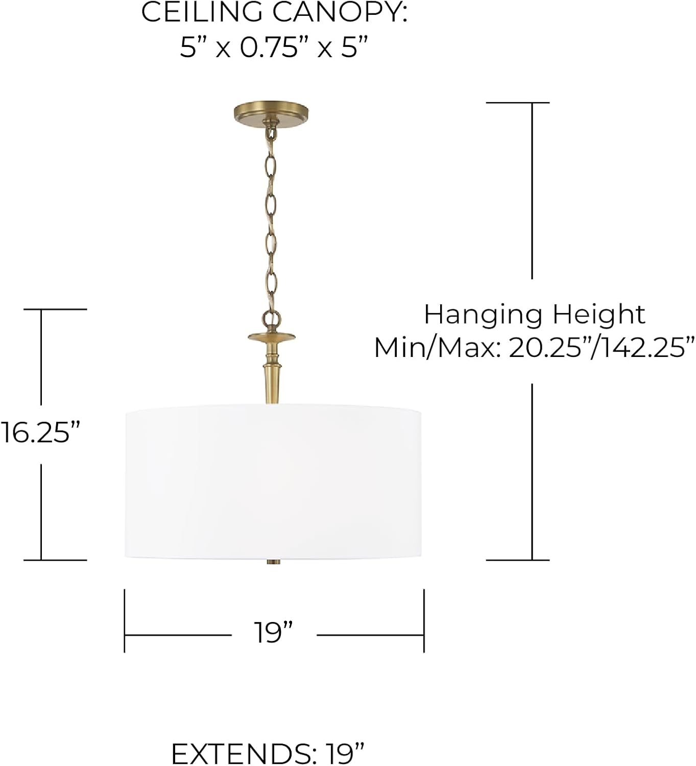 Capital Lighting 342631AD Abbie Transitional White Fabric Shade Drum Pendant Light Fixture, 3-Light 300 Total Watts, 16" H x 19" W, Aged Brass