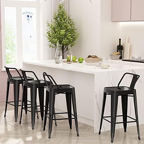 Andeworld Bar Stools Set of 4 Counter Height Stools Industrial Metal Barstools with Backrests (24 inch, Black)