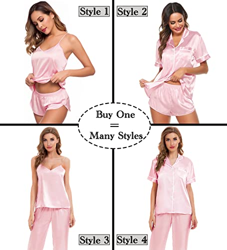 Image of SWOMOG Womens Silk Satin Pajamas Sets 4pcs Sleepwear Sexy Cami Shorts Set and Button Down Short Sleeve Pjs Loungewear Pink White Piping Large