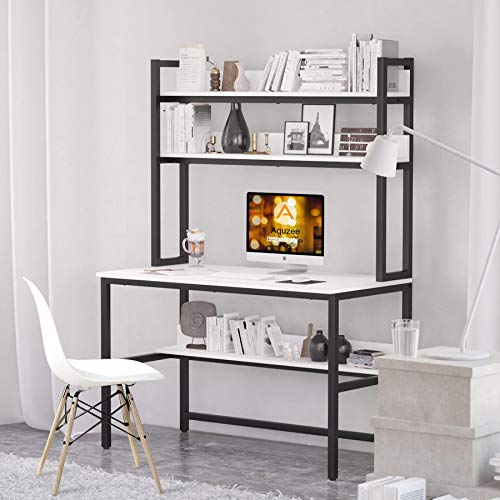 Computer Desk with Hutch, White Space Saving Desk with 3 Tier Bookshelves, (65 inch Height) Home Office Metal Black Legs Table with Upper Storage Shelves for Study Writing/Workstation, Easy Assemble