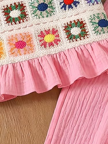 Image of WDIRARA Girl's 2 Piece Outfits Boho Floral Crochet Ruffled Sleeveless Cami Top and Wide Leg Pants