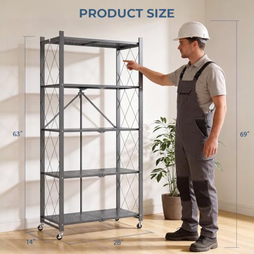 Image of Upgraded 18% Thickened Portable 5-Tier Foldable Storage Shelves with Wheels | Heavy Duty Storage Shelf Collapsible Shelves Unit Display for Garage Storage Kitchen Pantry & Closet Organizer, Grey