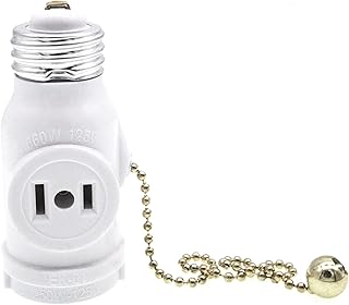 E26 to 2 Outlet Socket Adapter Light Holder Splitter,UL Listed Standard (Medium) E26 Base Light Bulb to 2-Prong Outlet Plug Splitter Converter,Pull Chain Switch (1-Pack,White)