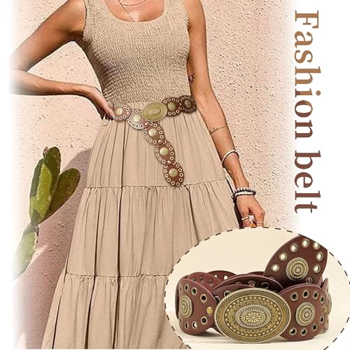 Western Chunky Wide Disc Belt for Women Boho Hollow PU Leather Waist Cowgirl Belt for Dresses Jeans with Metal Buckle2