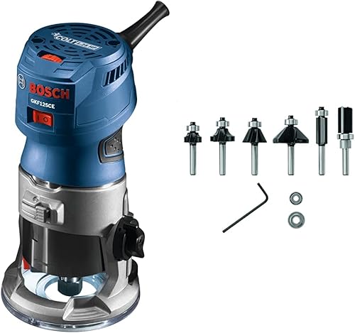 Bosch GKF125CEN Colt 1.25 HP (máx.) Herramienta de enrutador de palma de velocidad variable y BOSCH 6 piezas Juego de brocas de enrutador de borde y