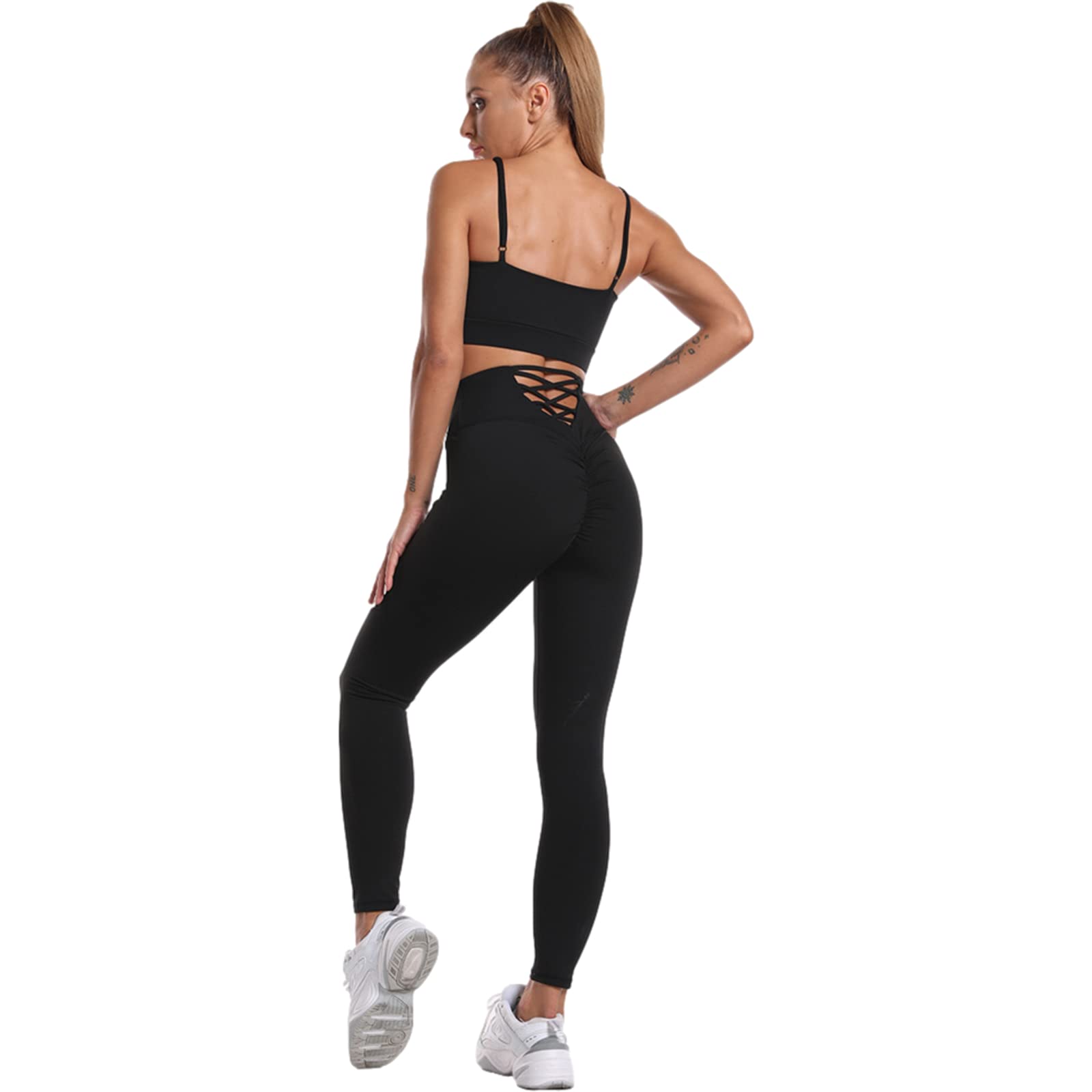Donna 3 Pezzi Tuta da Yoga Gym Allenamento Sexy Reggiseno a Canotta Incrociato + Top Corto con Cappuccio + Legging Palestra Fitness Abbigliamento Sportivo