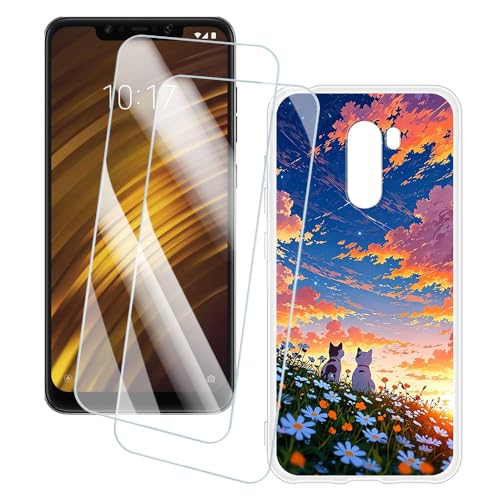 OAGELIM 2 Piezas Protector de Pantalla + Funda Compatible con Xiaomi Pocophone F1 (6.18 Pulgada) Funda Impresión Artística Personalizada y Cristal Templado (Gato)