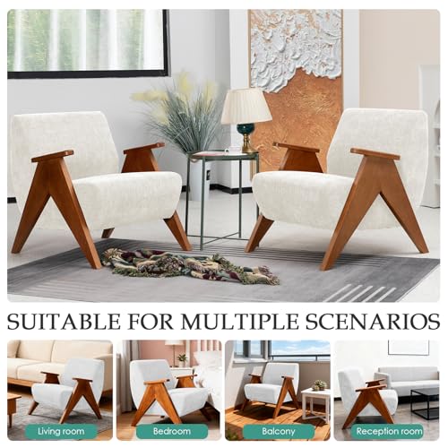 Sillón tapizado chenille Beige estructura madera miniatura 6