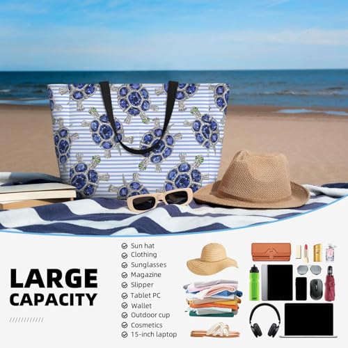 Waterproof Sandproof Beach Bag Turtle With Blue Stones Swim Large Tote Pool Bag For Women With Zipper4