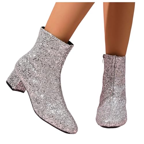 EQWIGKEIT Botas con purpurina para mujer, cortas y elegantes, ligeras, con lentejuelas y tacón, botas de invierno clásicas, B10 Silver, 38 EU