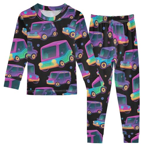 Cartoon Pajamas Set Off Road Vehicle Pattern Long Sleeve PJs Cotton Jammies Sleepwear Top and Pants Multicolor