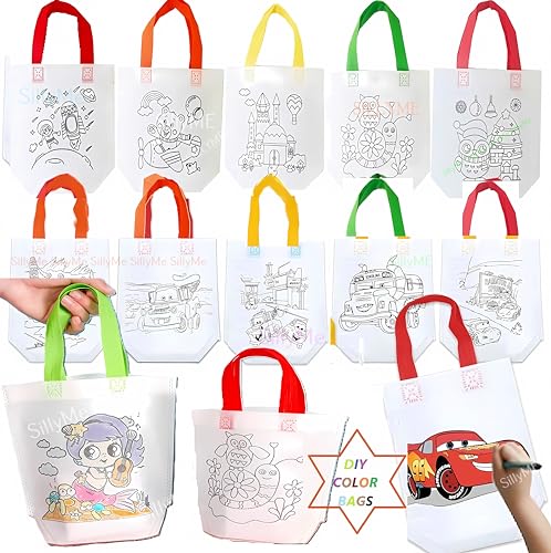 SILLYME Paper 12Pcs DIY Coloring Return Gifts Bags, Gift Covers for Return Gifts, Small - Hand Bag for Kids - Birthday Return Gifts for Kids Age 8 12 3 4 5, Multicolor