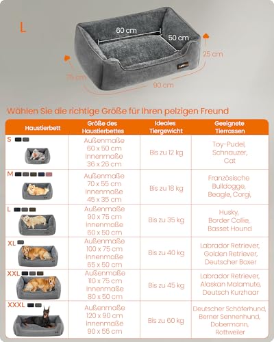 Feandrea Hundebett, Hundekissen in Leinenoptik, Hundekorb, erhöhte Ränder, rutschfeste Unterseite, Bezug abnehmbar waschbar, L, für mittelgroße Hunde, 90 x 75 x 25 cm, hellgrau PGW11GG
