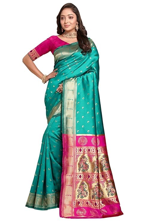Image of C J Enterprise Women's Pure Kanjivaram Silk Saree Paithani Soft Wedding Sarees With Blouse Piece (Chand paithani)