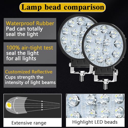 LED Pod Lights MUVKQC 4.5 Inch 42W Round LED Work Lights 42W 10000lm 12V 24V Spot Beam Offroad Driving Light Bar for Truck Tractor Trailer Excavator Pickup Golf Cart Mower ATV UTV (80pcs)