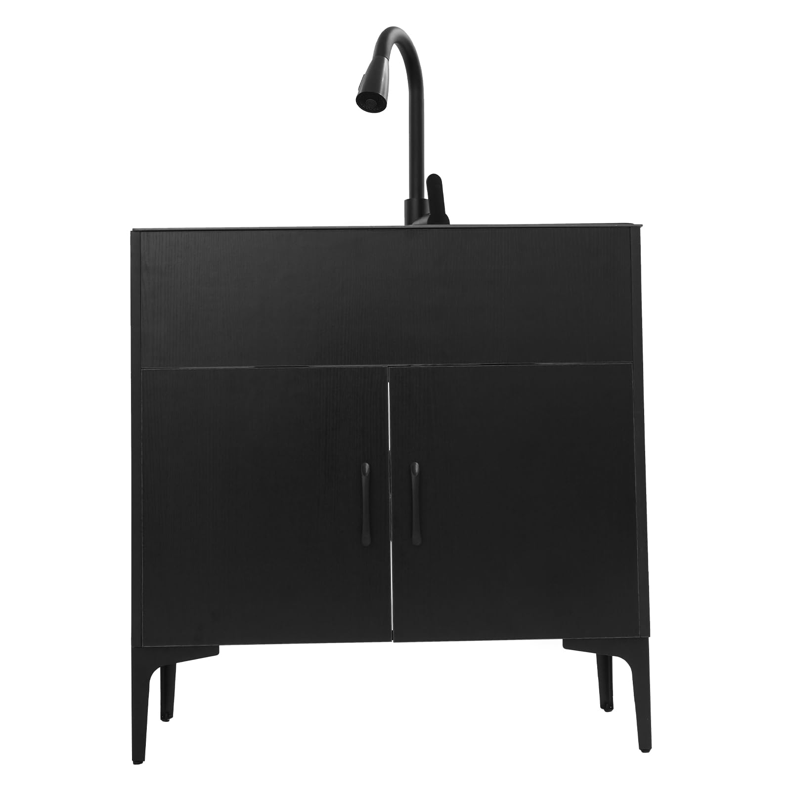 Spültisch 75 cm Breit Küche Spüle mit Unterschrank 2 Becken Ausziehbar Küchenarmatur Abtropffläche Seifenspender Abflussrohr Abflusssieb 360° Drehbarer Wasserhahn