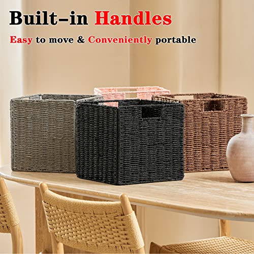 Vagusicc Storage Basket, Set Of 2 Hand-Woven Paper Rope Wicker Baskets, Foldable Storage Bins, Large Wicker Storage Square Baskets For Shelves Organizing & Decor, Black (11″×11″×11″) #TOP6