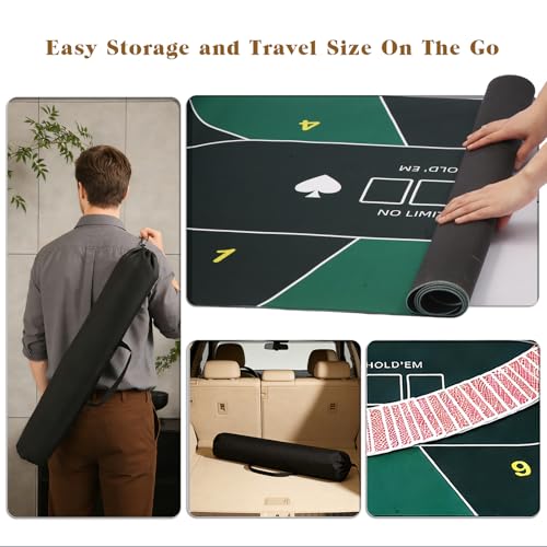 YOMEYOT Poker Table Top Mat 70"x35" Blackjack Poker Mat with Non Slip Rubber Backing and Carry Bag for Home Poker Card Game Night Up to 10 Players (Green)